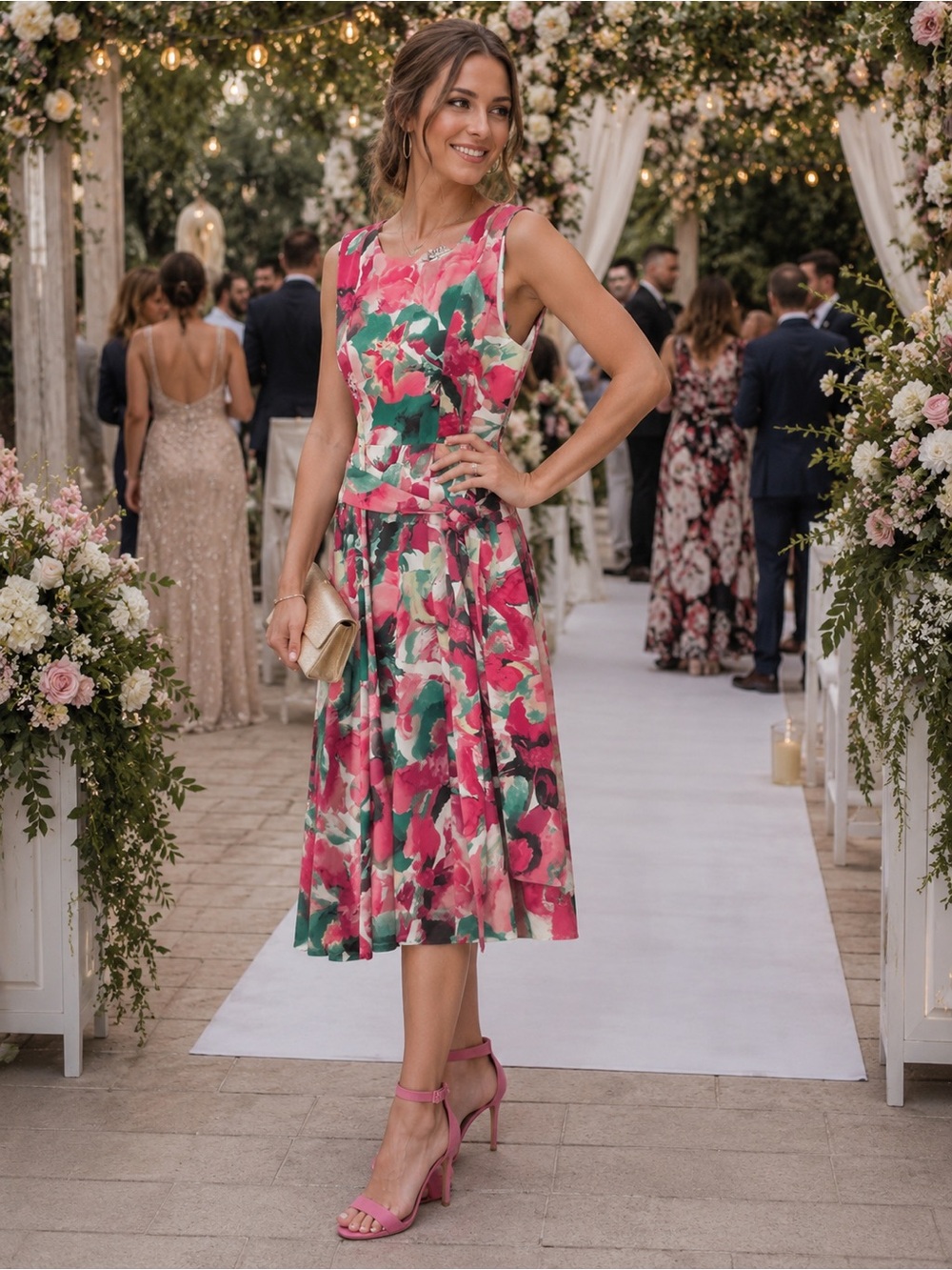 Kasper Pink & Green Floral Midi Dress with Self-Tie Waist